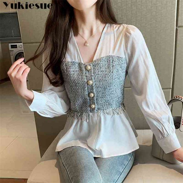 

plus size solid white long sleeve shirt fashion office lady korean style women spliced chiffon blouse vneck feminina shirt 210401