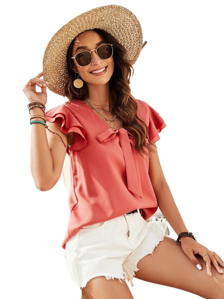 

tie neck layered ruffle trim blouse 16cs#, White