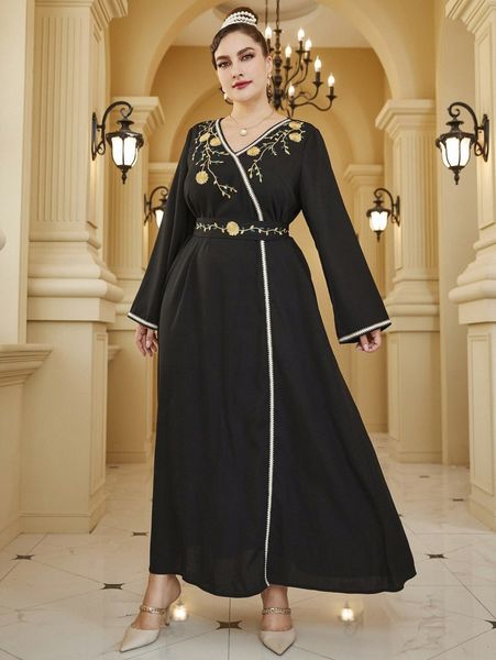 

plus floral embroidered contrast tape belted dress r3ju#, Black
