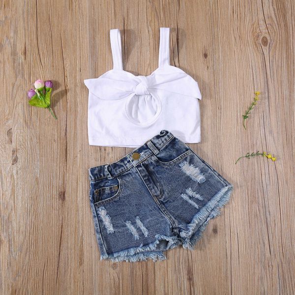 

2pcs fashion summer kids girls two- piece clothes set white hollow sleeveless denim shorts toddler outfit