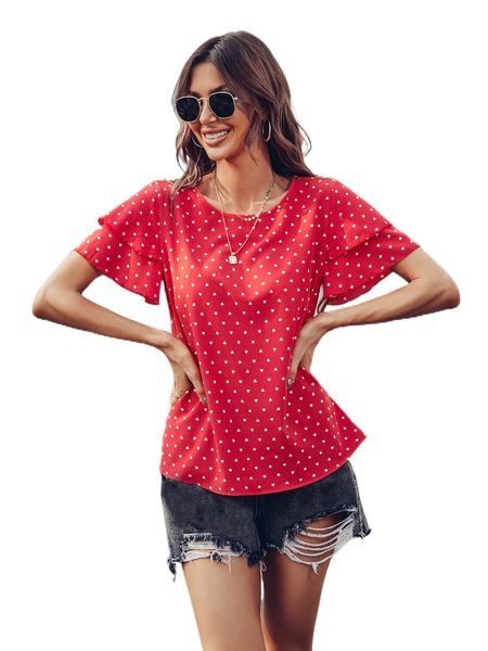 

heart print flounce sleeve blouse 73ky#, White