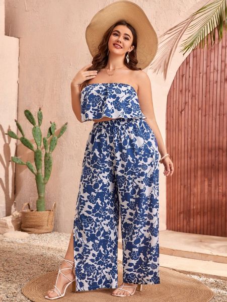 

plus floral print tube & slit hem wide leg pants n6hm#, Black