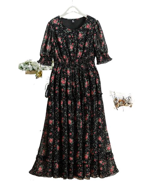 

plus all over floral print shirred puff sleeve dress z3t0#, Black