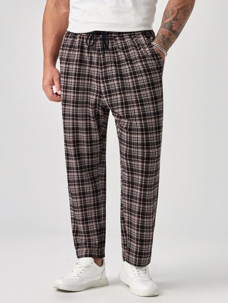 

extended sizes men plaid print drawstring waist pants x1ky#, Black