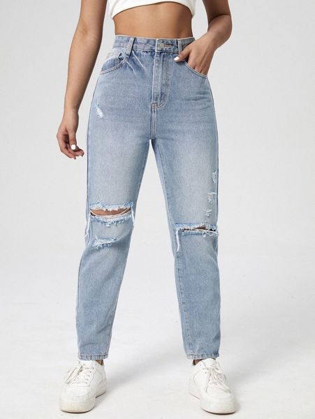 

high waist ripped mom jeans j4cb#, Blue