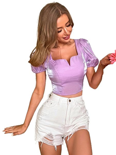 

v wired shirred back puff sleeve crop blouse v8b0#, White