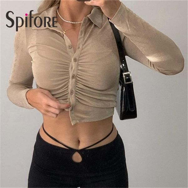 Spifore Ruched Turn-Down Botão para cima Camisas Femme Manga Longa Sexy Tops Moda Sólida T Mulheres 220321