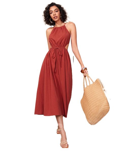 

cut out tie back belted halter dress i8yp#, Black;gray