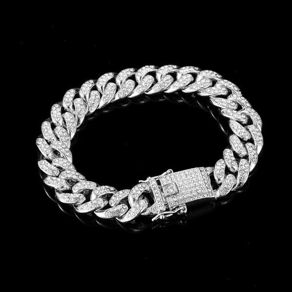 

luxury fashion rhinestone strand bracelet women men hiphop cuban link bracelets simple design gold silver color jewelry gifts, Black
