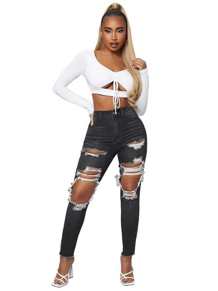 

h.igh w.aist r.ipped c.ut o.ut r.aw h.em s.kinny j.eans m7wr#, Blue