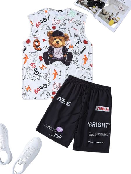 

men random bear & slogan graphic tank & shorts z5tw#, Gray