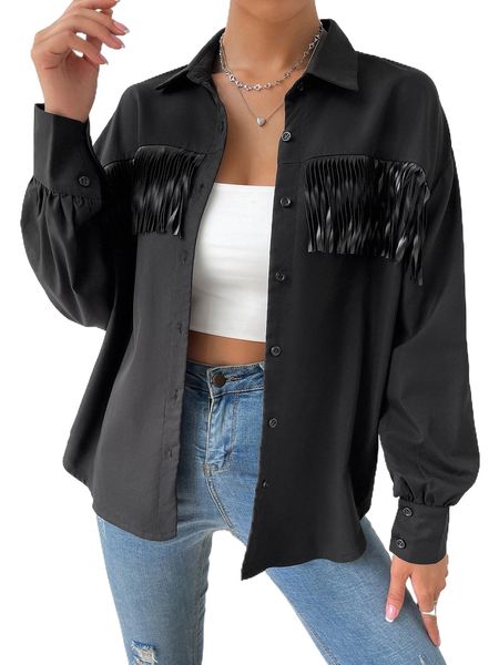 

fringe detail drop shoulder shirt c8d9#, White