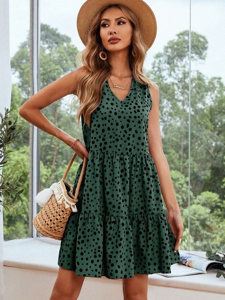 

dalmatian print ruffle hem smock dress l7o7#, Black;gray