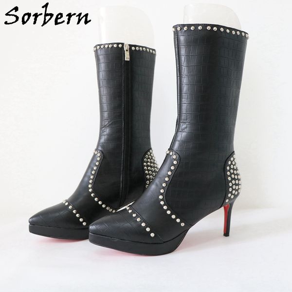 Sorbern Schwarze mittelhohe Stiefel mit Nieten, Punk-Stil, Stilettos, niedriger Absatz, spitze Zehen, Plateauschuhe, seitlicher Reißverschluss, individuelle Größe, EU 33–48