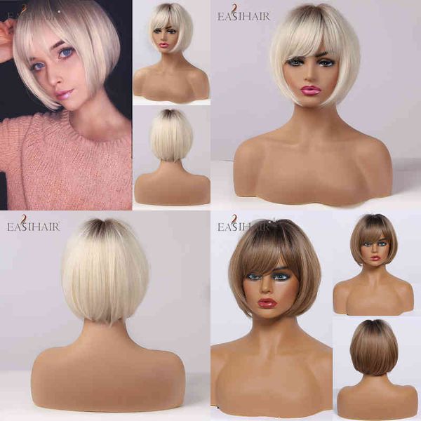 

easihair short hair wig with bangs pixie cut ombre black ash light blonde synthetic wigs for women cosplay heat resistant 220622