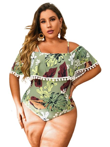 

plus tropical print cold shoulder pom pom trim one piece swimsuit x7cc#, White;black