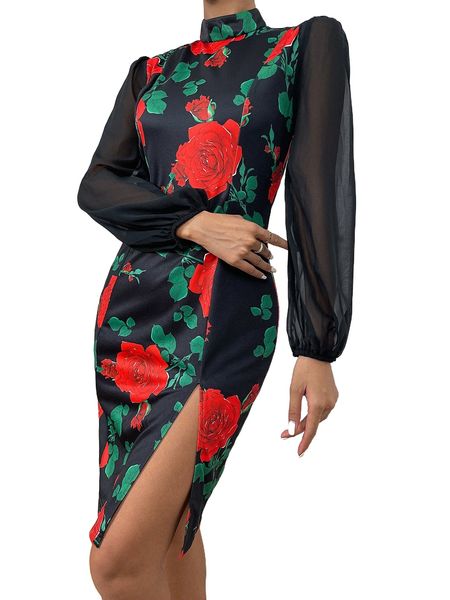 

floral print bishop sleeve mock neck slit thigh fitted dress b8gh#, Black;gray