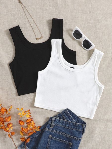 

plus 2pcs ribbed knit tank x9wx#, Black