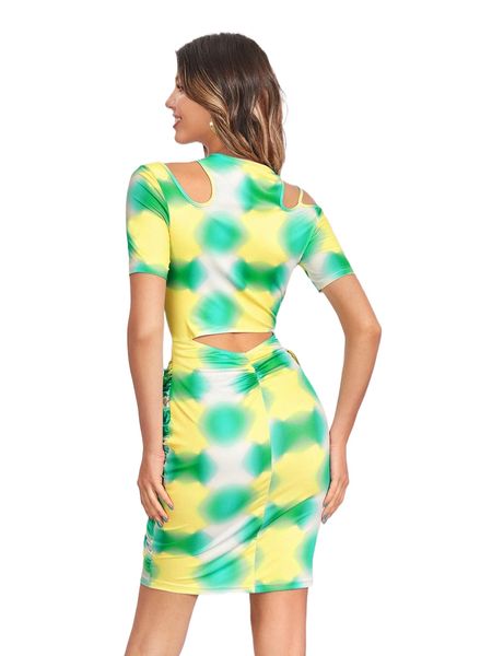 

x flor by lo tie dye cutout tie side wrap ruched dress i2rh#, Black;gray
