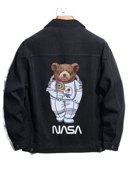 

men bear & letter graphic denim jacket without tee 04ng#, Black;brown