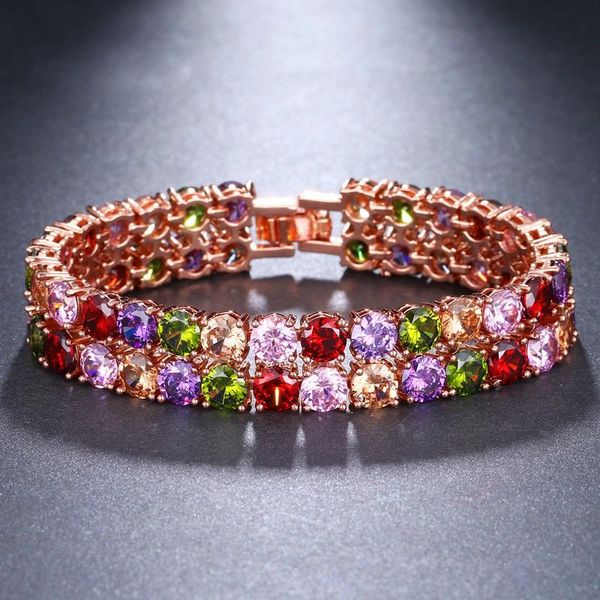 Bracelets de charme vintage pequeno zircão redondo para mulheres luxuosas coloridas de bronze de latão ampla corrente de jóias de casamento na moda