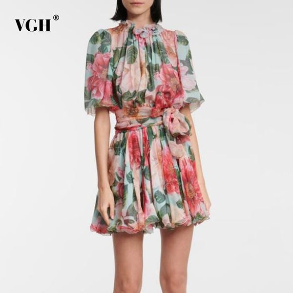 

hit color summer dress for women stand collar short sleeve high waist print floral lace up dresses female fashion 210507, Black;gray