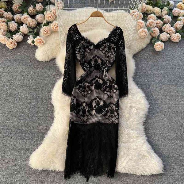 

casual dresses french lace hook flower hollow out dress for women in autumn and winter v-neck slim fitting long sleeve with bottom wrap hip, Black;gray
