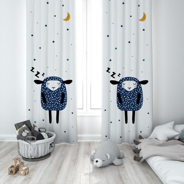 Tenda Tende Sfondo Bianco Pecora Punteggiata Neonato Camera Dei Bambini Design Speciale Baldacchino Gancio Bottone Oscurante Finestra Gelosa Camera Da Letto