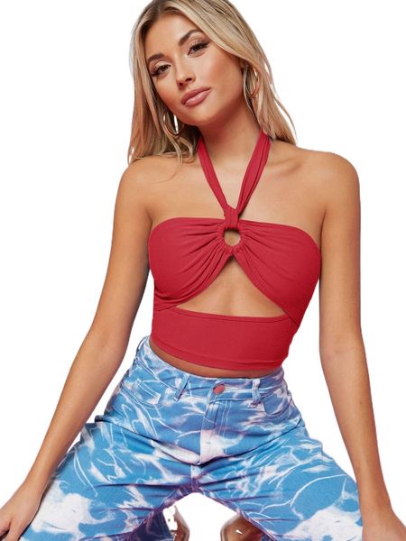 

club ruched o-ring cutout self-tie halter crop g8m0#, White