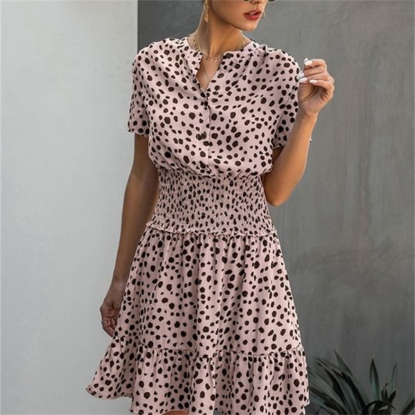 Kleid Frauen Leopard Casual Schwarz Sommer Rüschen Mini Kleider Knöpfe Damen Lila Taillierte Kleidung Damen Kleidung 220406