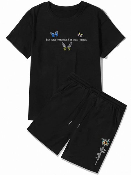 

romwe guys slogan & butterfly graphic tee & shorts x6vt#, Gray