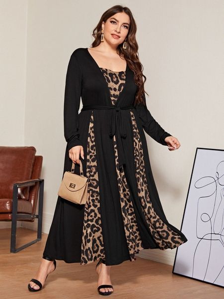

plus leopard belted a line dress 27ow#, Black