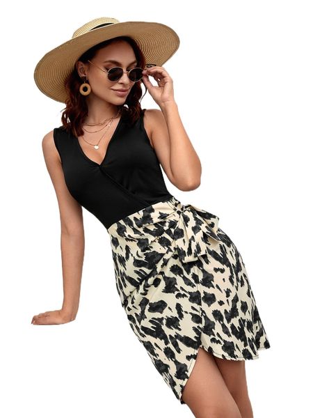 

graphic print overlap collar tie side wrap hem dress n4lq#, Black;gray