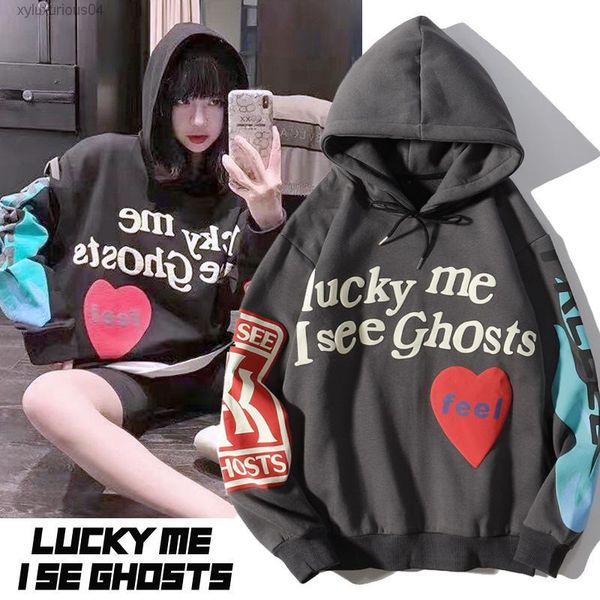 

men's hoodies & sweatshirts 2022 graffiti letter printed men lucky me i see ghosts mens punk hooded fleece hip hop streetwear harajuku, Black