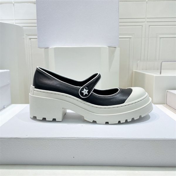 

autumn new casual shoes classic simple rubber toe thick bottom loafers square buckle womens shoe size 35-39, Black