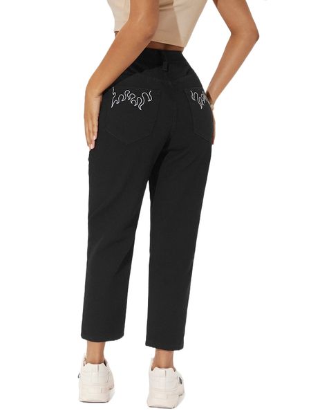 

petite embroidery fire straight leg crop jeans e7e6#, Blue