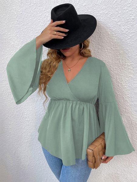 

plus trumpet sleeve overlap collar peplum hem blouse 76lg#, Black