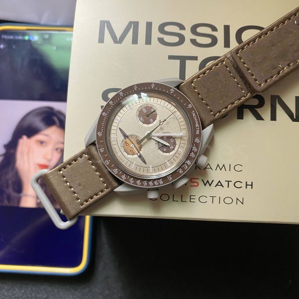 

bioceramic moonswatch swiss quqrtz chronograph mens watch so33a100 mission to mercury 42mm real black ceramic grey nylon with box super edit, Slivery;brown