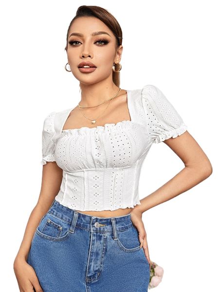 

petite square neck eyelet embroidery lettuce trim crop tee 634s#, White