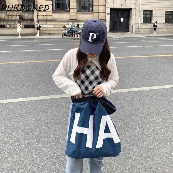 

purdored 1 pc fashion women denim tote bag reusable large shoulder student book handbags grocery shopping w220427