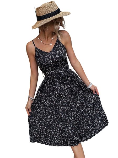 

ditsy floral pleated hem belted cami dress b0in#, Black;gray
