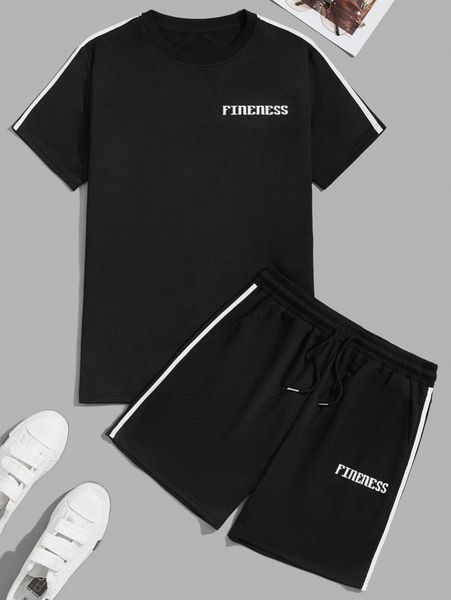 

men letter graphic contrast side seam tee & drawstring waist shorts a75k#, Gray