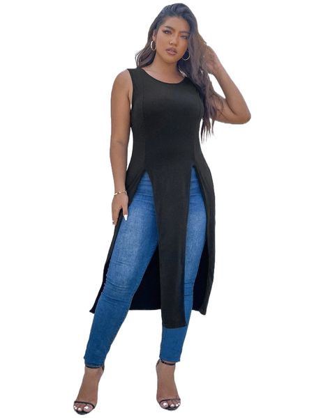 

plus solid slit hem longline tank l0cu#, Black
