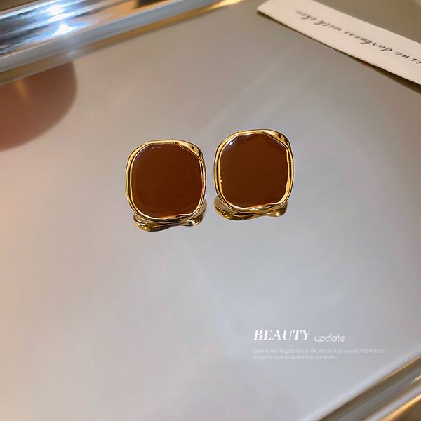 

925 silver needle korean geometric square enamel earrings simple design ear studs retro elegant high-grade earrings for women, Golden