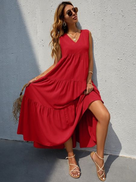 

v-neck ruffle hem solid dress f1s5#, Black;gray