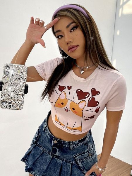 

cartoon & heart graphic crop tee j827#, White
