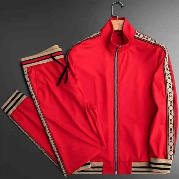 

light luxury life year red stand collar leisure sports suit men's slim fit fashion autumn and winter coat men's two-piece suit fas, Black;brown