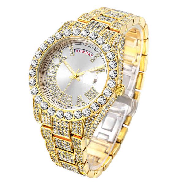 

iced out watch for men diamond gold day date hip hop fashion party male clock dropshipping new rhinestone watches luxury designe, Slivery;brown
