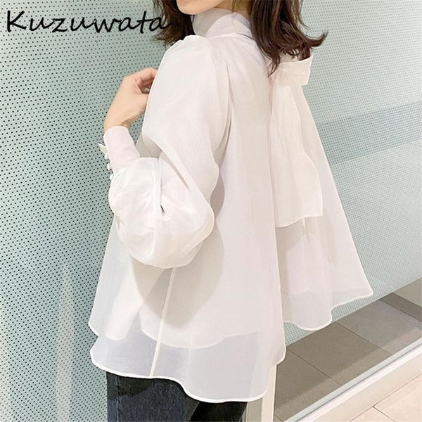 

kuzuwata chic voile lantern long sleeve bow drawstring shirts spring sweet women blouse fresh aesthetic femme blusas 210226, Black;gray