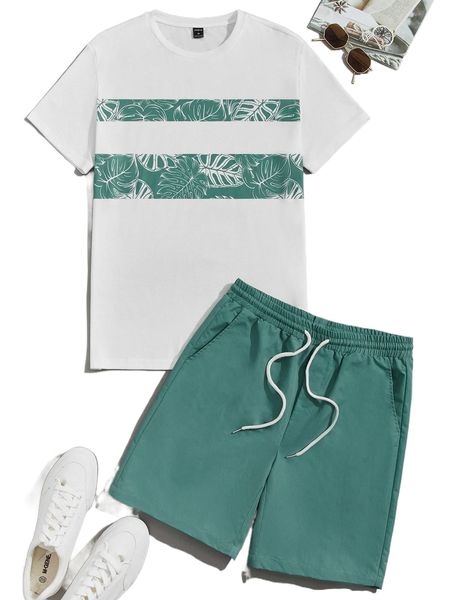 

men tropical print tee & drawstring waist shorts k6xe#, Gray